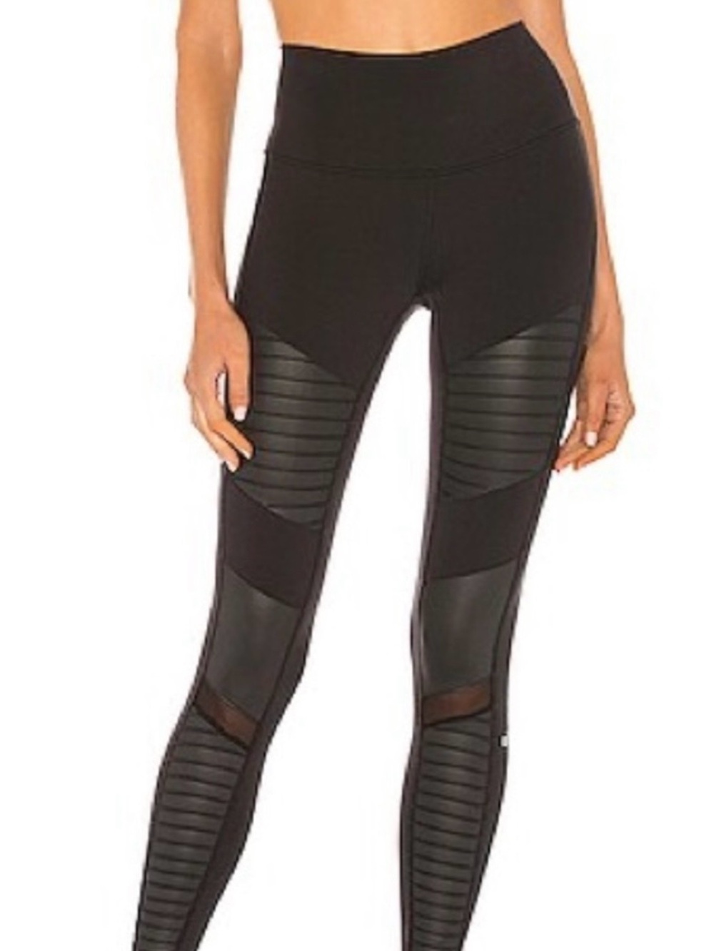 ALO Yoga Black Moto-Panel High-Rise Leggings with Ribbed and Mesh Insets